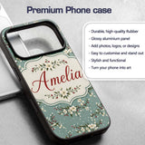 Soft Blue Floral and Berry Sprigs Printed Design Custom Name Protective Phone Case Mobile Cover Durable Everyday Smartphone Shock Resistant