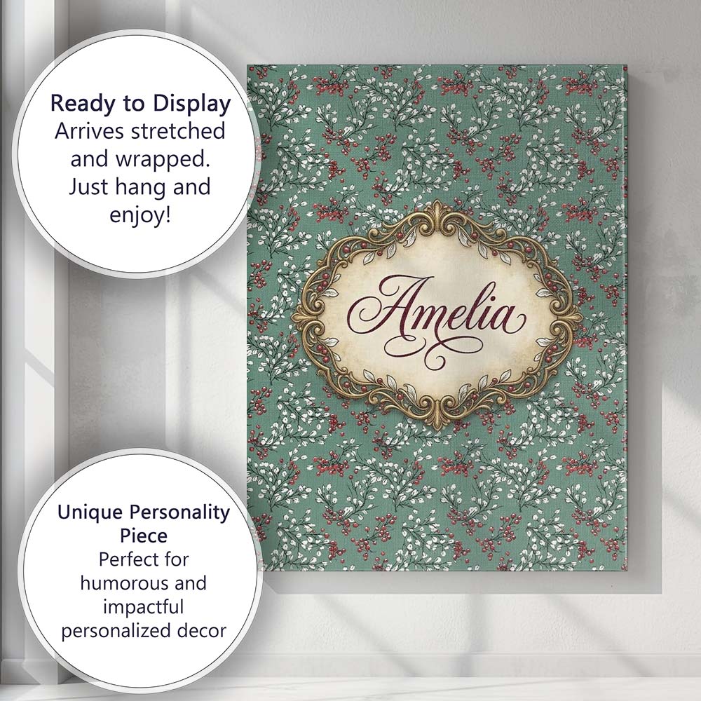 Personalised Name Muted Green Botanical Custom  Modern Room Accent Elegant Feature Canvas Wall Art Print Decor Picture Ready to Hang