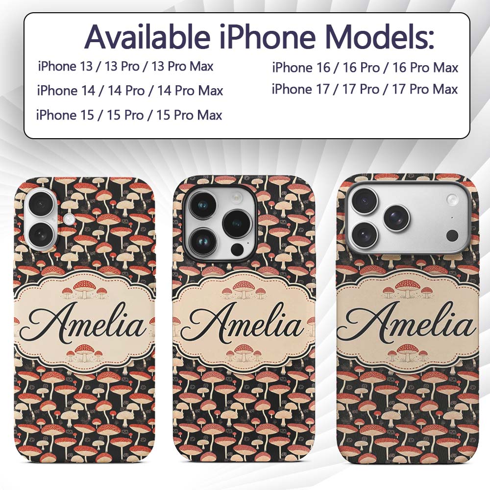 Woodland Mushroom Toadstool Seamless Pattern on Custom Name Protective Phone Case Mobile Cover Durable Everyday Smartphone Shock Resistant