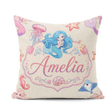 Custom Name Cartoon Mermaid and Sea Creatures Seamless Pattern Square Filled Cushion Throw Pillow Sofa Bed Home Decor Zip Washable UK Made