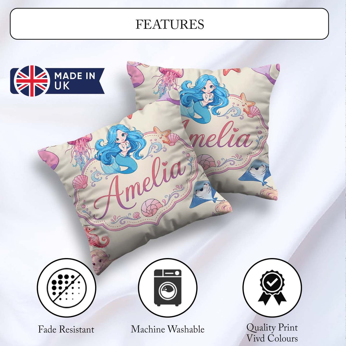 Custom Name Cartoon Mermaid and Sea Creatures Seamless Pattern Square Filled Cushion Throw Pillow Sofa Bed Home Decor Zip Washable UK Made