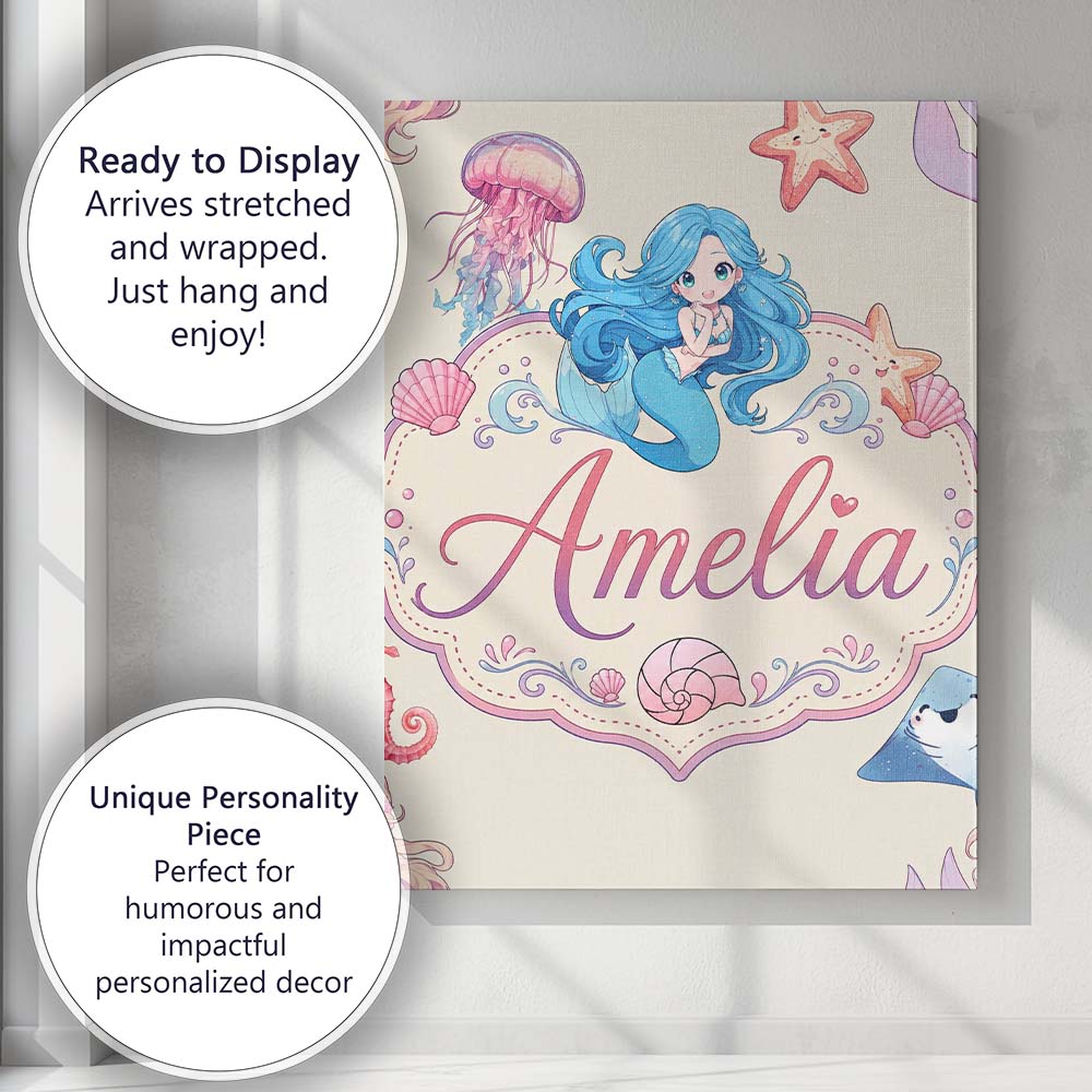 Personalised Name Cute Cartoon Mermaid and Custom  Unique Gift Idea Elegant Feature Canvas Wall Art Print Decor Picture Ready to Hang