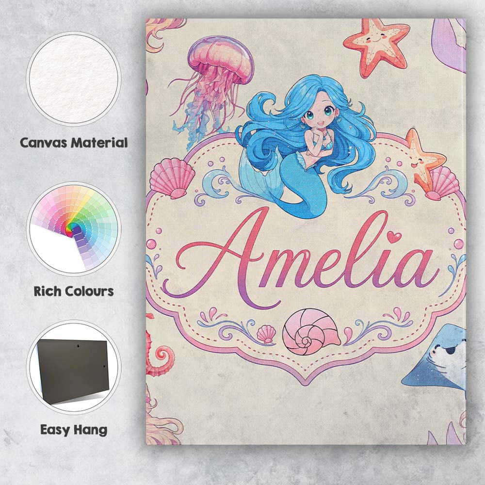 Personalised Name Cute Cartoon Mermaid and Custom  Unique Gift Idea Elegant Feature Canvas Wall Art Print Decor Picture Ready to Hang