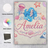 Personalised Name Cute Cartoon Mermaid and Custom  Unique Gift Idea Elegant Feature Canvas Wall Art Print Decor Picture Ready to Hang
