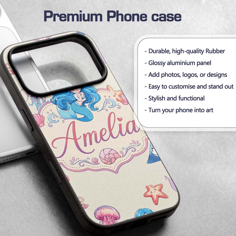 Cute Cartoon Mermaid and Sea Creatures Seamless Custom Name Protective Phone Case Mobile Cover Durable Everyday Smartphone Shock Resistant