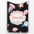Cute Mermaid with Sea Creatures on Black Background Seamless Pattern  Personalised Custom Name Super Soft Fleece Blanket Bed Sofa Throw