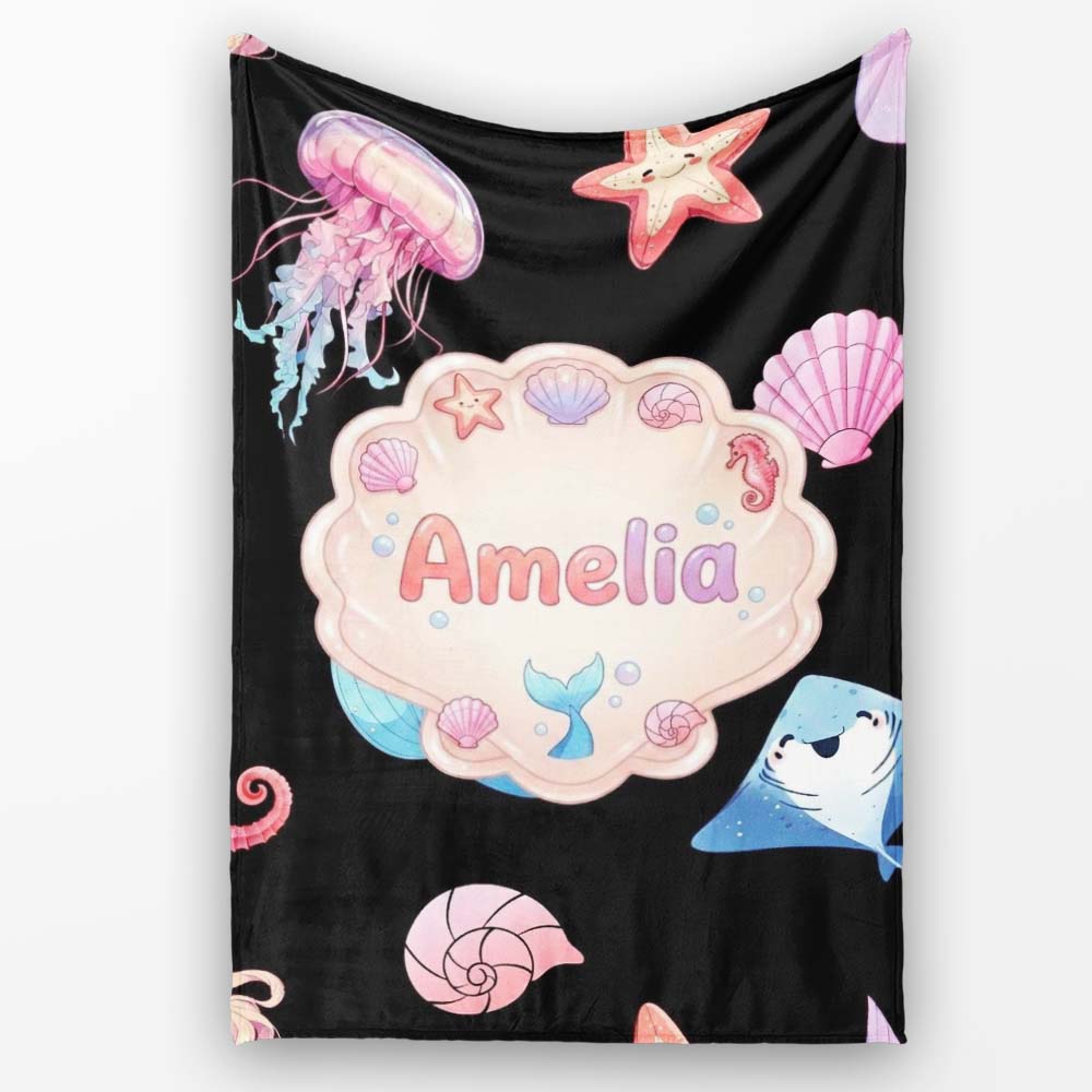 Cute Mermaid with Sea Creatures on Black Background Seamless Pattern  Personalised Custom Name Super Soft Fleece Blanket Bed Sofa Throw