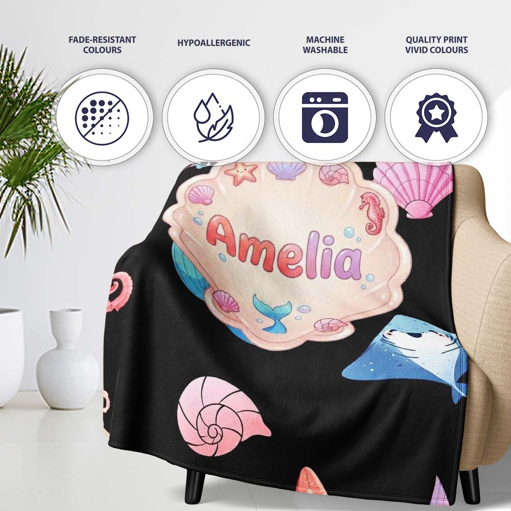 Cute Mermaid with Sea Creatures on Black Background Seamless Pattern  Personalised Custom Name Super Soft Fleece Blanket Bed Sofa Throw