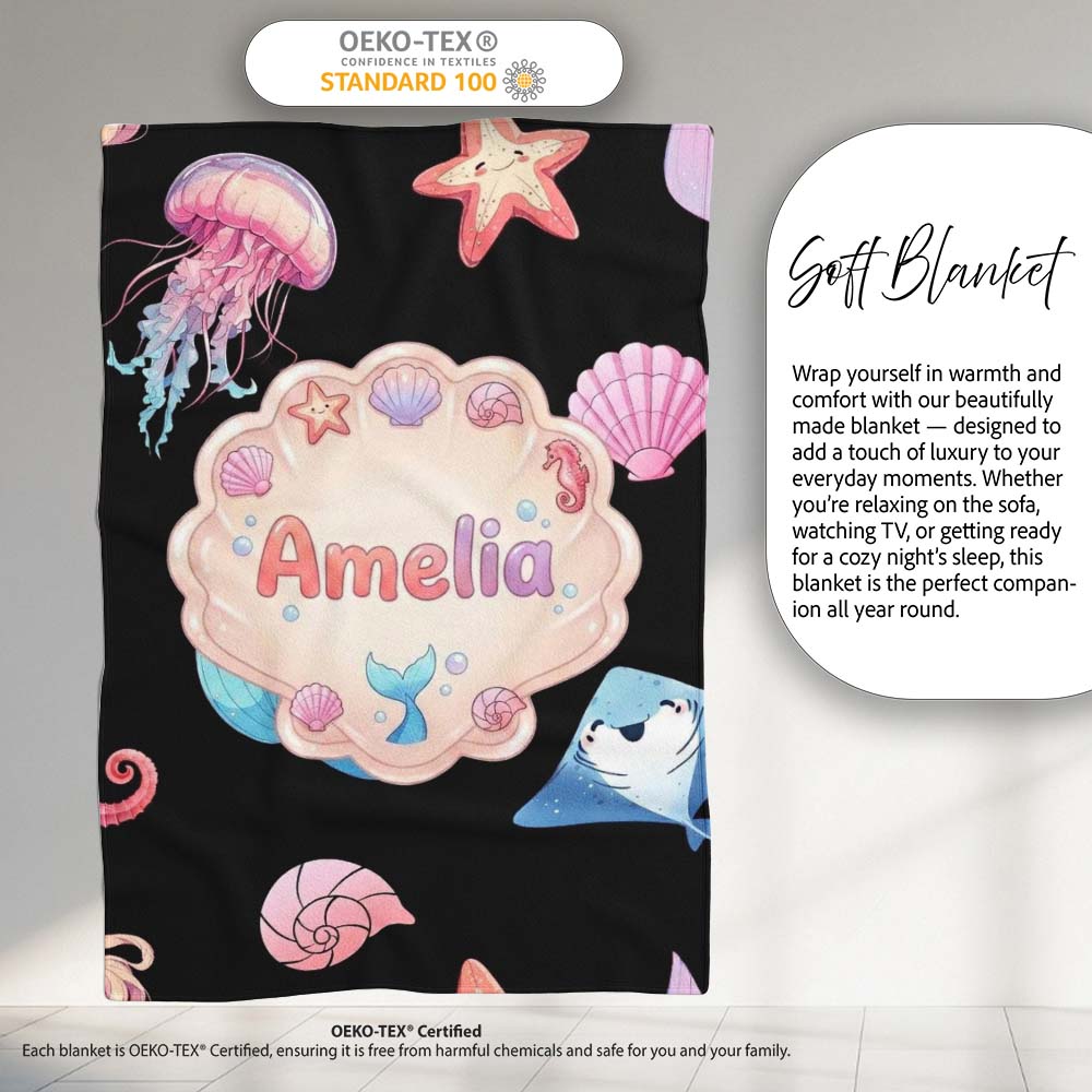 Cute Mermaid with Sea Creatures on Black Background Seamless Pattern  Personalised Custom Name Super Soft Fleece Blanket Bed Sofa Throw