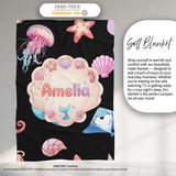 Cute Mermaid with Sea Creatures on Black Background Seamless Pattern  Personalised Custom Name Super Soft Fleece Blanket Bed Sofa Throw