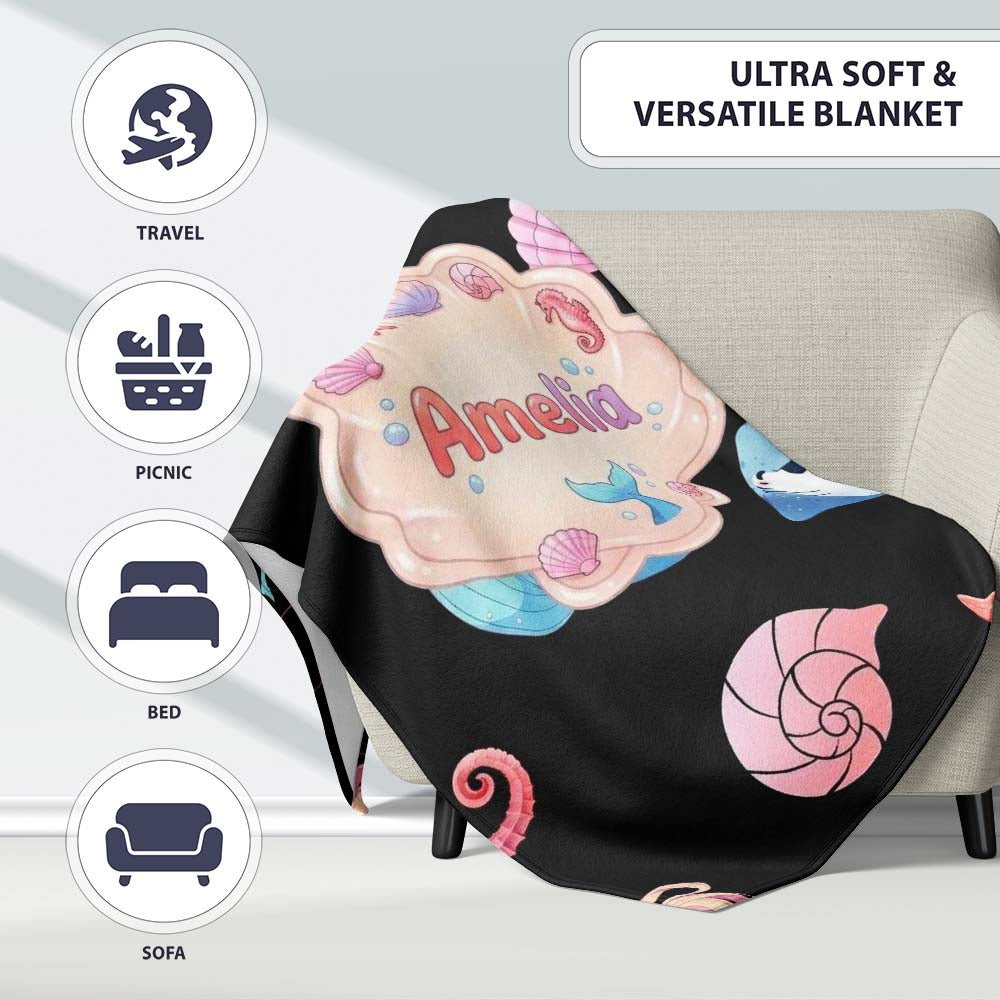 Cute Mermaid with Sea Creatures on Black Background Seamless Pattern  Personalised Custom Name Super Soft Fleece Blanket Bed Sofa Throw