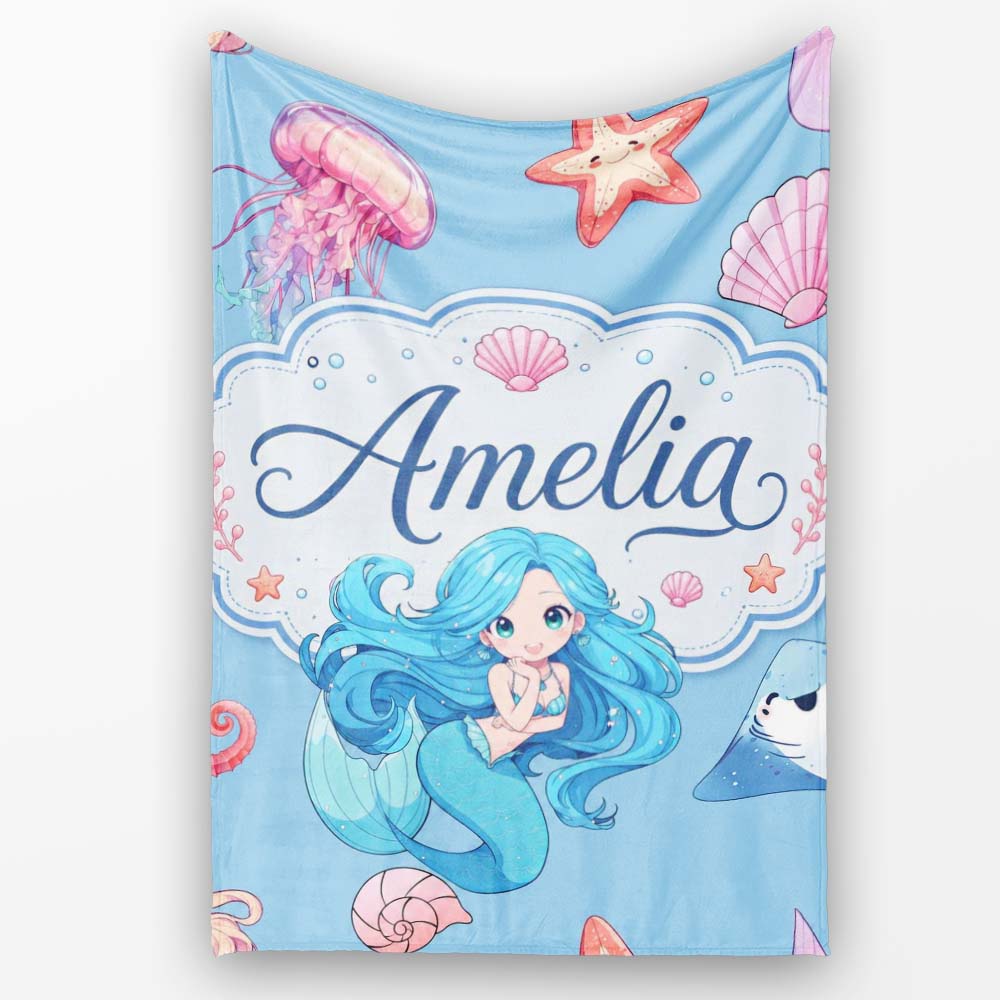 Cute Kawaii Mermaid Ocean Friends Jellyfish Starfish Blue Background  Personalised Custom Name Super Soft Fleece Blanket Bed Sofa Throw