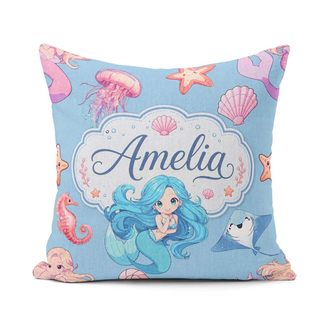 Custom Name Kawaii Mermaid Ocean Friends Jellyfish Starfish Blue Square Filled Cushion Throw Pillow Sofa Bed Home Decor Zip Washable UK Made