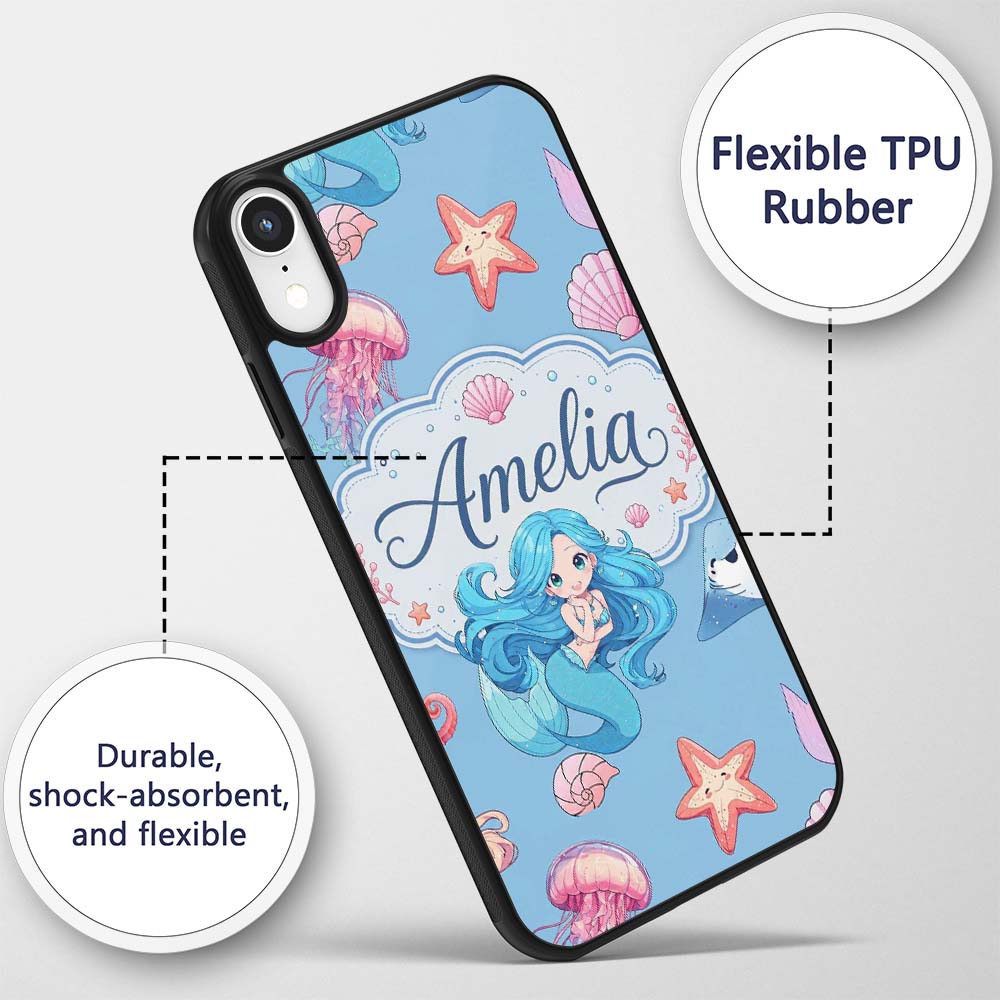 Cute Kawaii Mermaid Ocean Friends Printed Design Custom Name Protective Phone Case Mobile Cover Durable Everyday Smartphone Shock Resistant