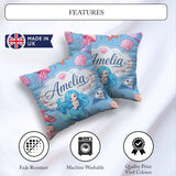 Custom Name Kawaii Mermaid Ocean Friends Jellyfish Starfish Blue Square Filled Cushion Throw Pillow Sofa Bed Home Decor Zip Washable UK Made