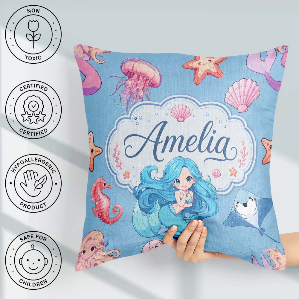 Custom Name Kawaii Mermaid Ocean Friends Jellyfish Starfish Blue Square Filled Cushion Throw Pillow Sofa Bed Home Decor Zip Washable UK Made