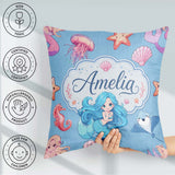 Custom Name Kawaii Mermaid Ocean Friends Jellyfish Starfish Blue Square Filled Cushion Throw Pillow Sofa Bed Home Decor Zip Washable UK Made