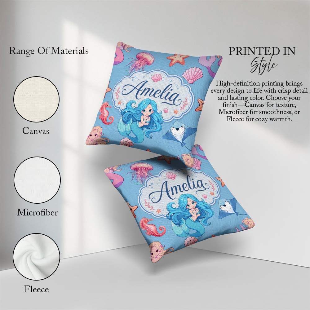 Custom Name Kawaii Mermaid Ocean Friends Jellyfish Starfish Blue Square Filled Cushion Throw Pillow Sofa Bed Home Decor Zip Washable UK Made