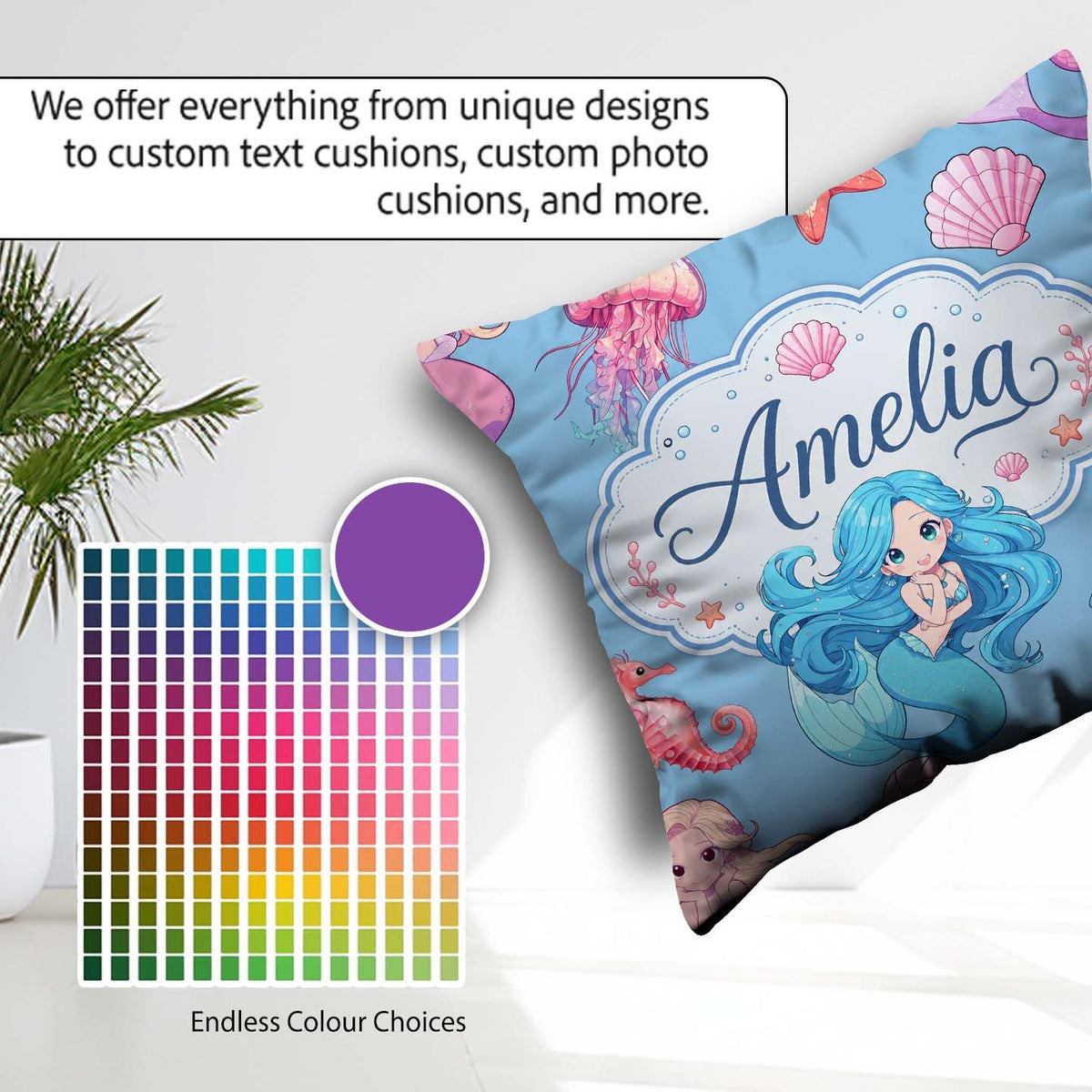 Custom Name Kawaii Mermaid Ocean Friends Jellyfish Starfish Blue Square Filled Cushion Throw Pillow Sofa Bed Home Decor Zip Washable UK Made