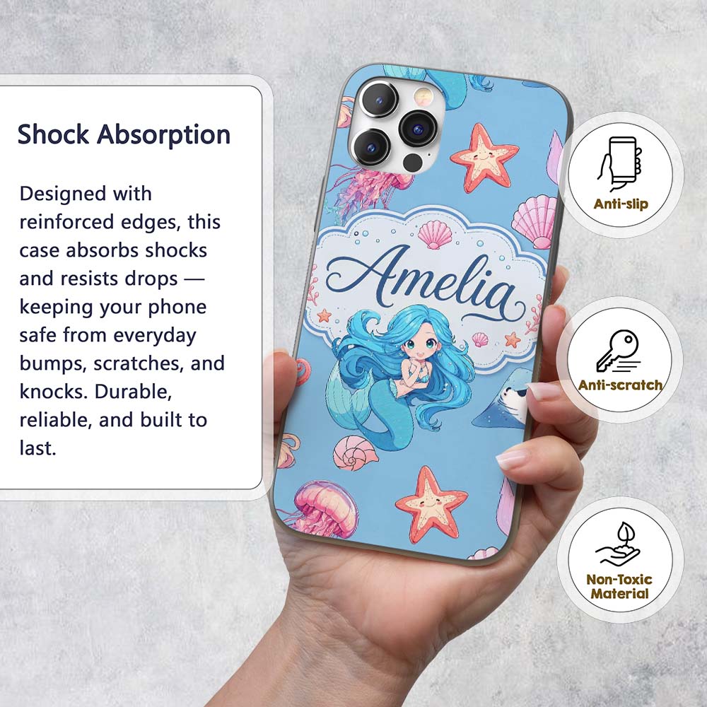 Cute Kawaii Mermaid Ocean Friends Printed Design Custom Name Protective Phone Case Mobile Cover Durable Everyday Smartphone Shock Resistant