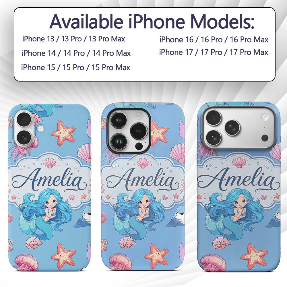 Cute Kawaii Mermaid Ocean Friends Printed Design Custom Name Protective Phone Case Mobile Cover Durable Everyday Smartphone Shock Resistant