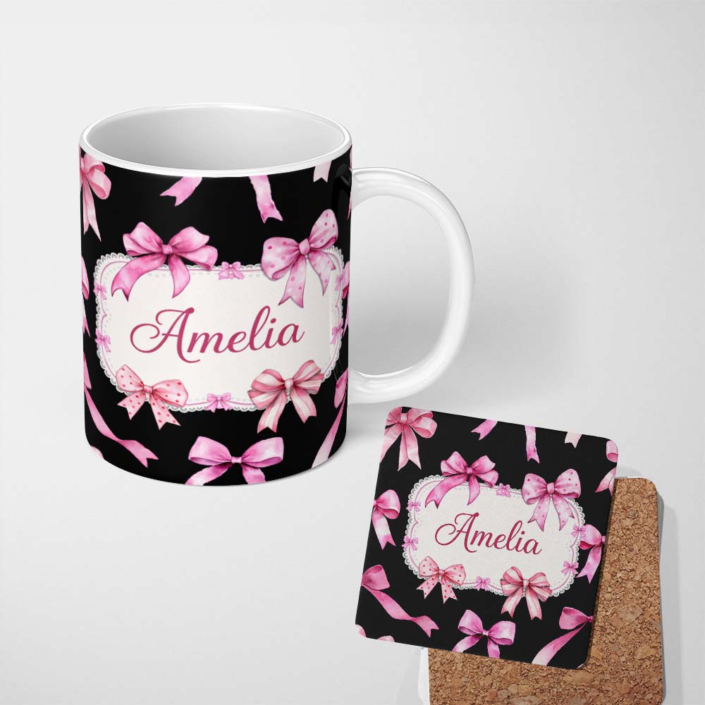 Personalized Custom Name Watercolor Pink Ribbon Bow Seamless Pattern on Light Grey Background 11oz Ceramic Coffee Tea Mug White Large Handle