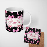 Personalized Custom Name Watercolor Pink Ribbon Bow Seamless Pattern on Light Grey Background 11oz Ceramic Coffee Tea Mug White Large Handle