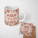 Personalized Custom Name Vintage Pink Floral Branches with Neutral Background Seamless Lovely 11oz Ceramic Coffee Tea Mug White Large Handle