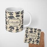 Personalized Custom Name Japanese Bonsai Tree Silhouettes in Pots on Beige Background Lovely 11oz Ceramic Coffee Tea Mug White Large Handle