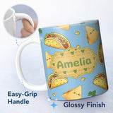 Personalized Custom Name Cute Kawaii Tacos and Wraps Blue Background Seamless Pattern Name 11oz Ceramic Coffee Tea Mug White Large Handle