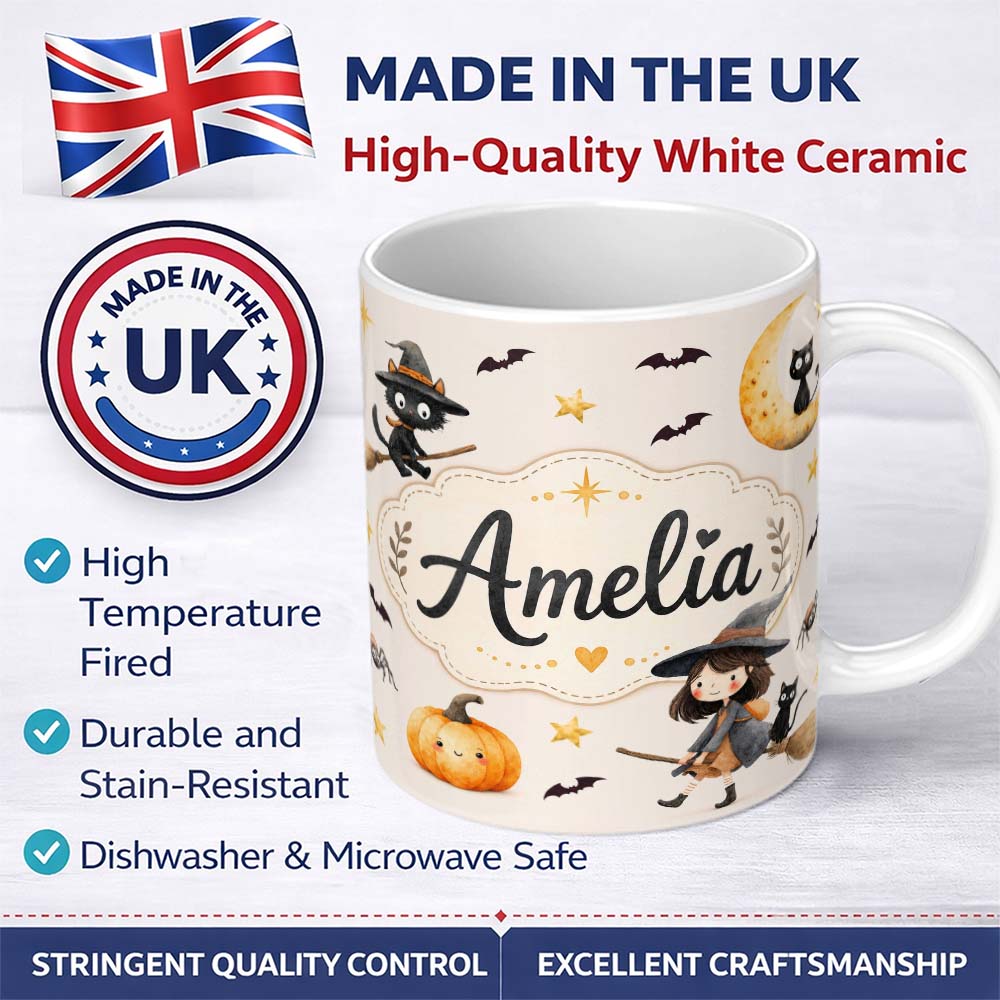 Personalized Custom Name Halloween Witch Cat Moon Stars Spooky Night Beige Seamless Pattern 11oz Ceramic Coffee Tea Mug White Large Handle