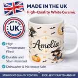 Personalized Custom Name Halloween Witch Cat Moon Stars Spooky Night Beige Seamless Pattern 11oz Ceramic Coffee Tea Mug White Large Handle