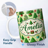 Personalized Custom Name Whimsical Christmas Trees Gifts Ornaments Festive Seamless Pattern 11oz Ceramic Coffee Tea Mug White Large Handle
