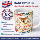 Personalized Custom Name Watercolor Baby Deer Fawn with Colorful Floral Botanical Background 11oz Ceramic Coffee Tea Mug White Large Handle