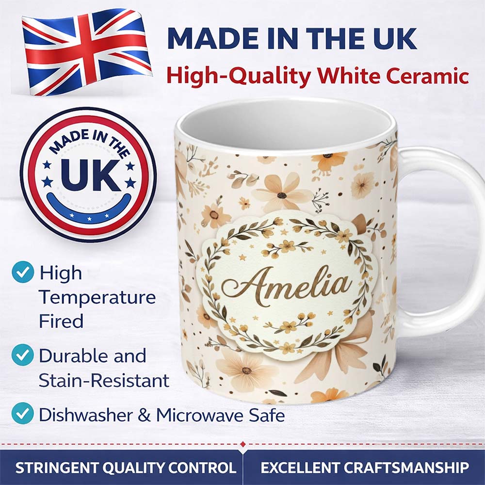 Personalized Custom Name Elegant Neutral Floral Bows with Soft Botanical Elements Seamless 11oz Ceramic Coffee Tea Mug White Large Handle