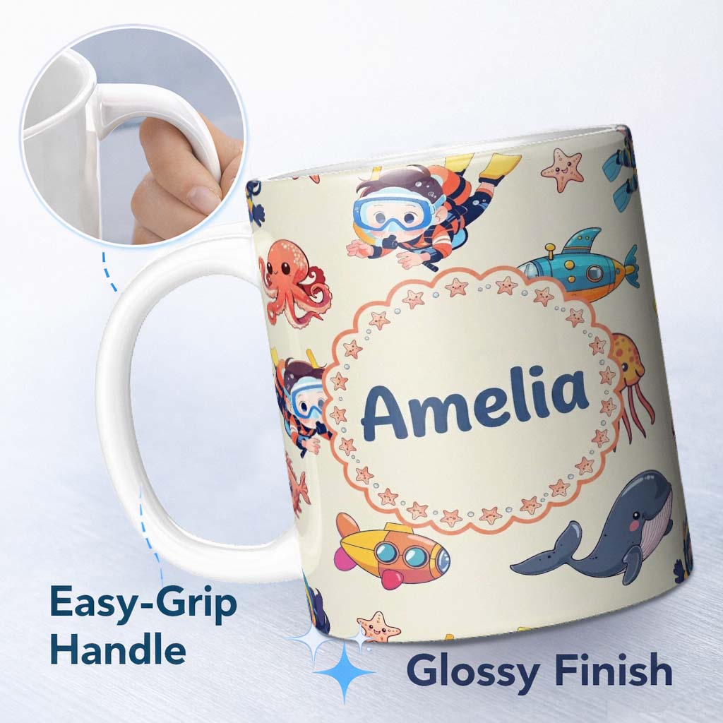 Personalized Custom Name Elegant White Daisy Flowers on Sky Blue Background Seamless Pattern 11oz Ceramic Coffee Tea Mug White Large Handle