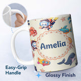 Personalized Custom Name Elegant White Daisy Flowers on Sky Blue Background Seamless Pattern 11oz Ceramic Coffee Tea Mug White Large Handle