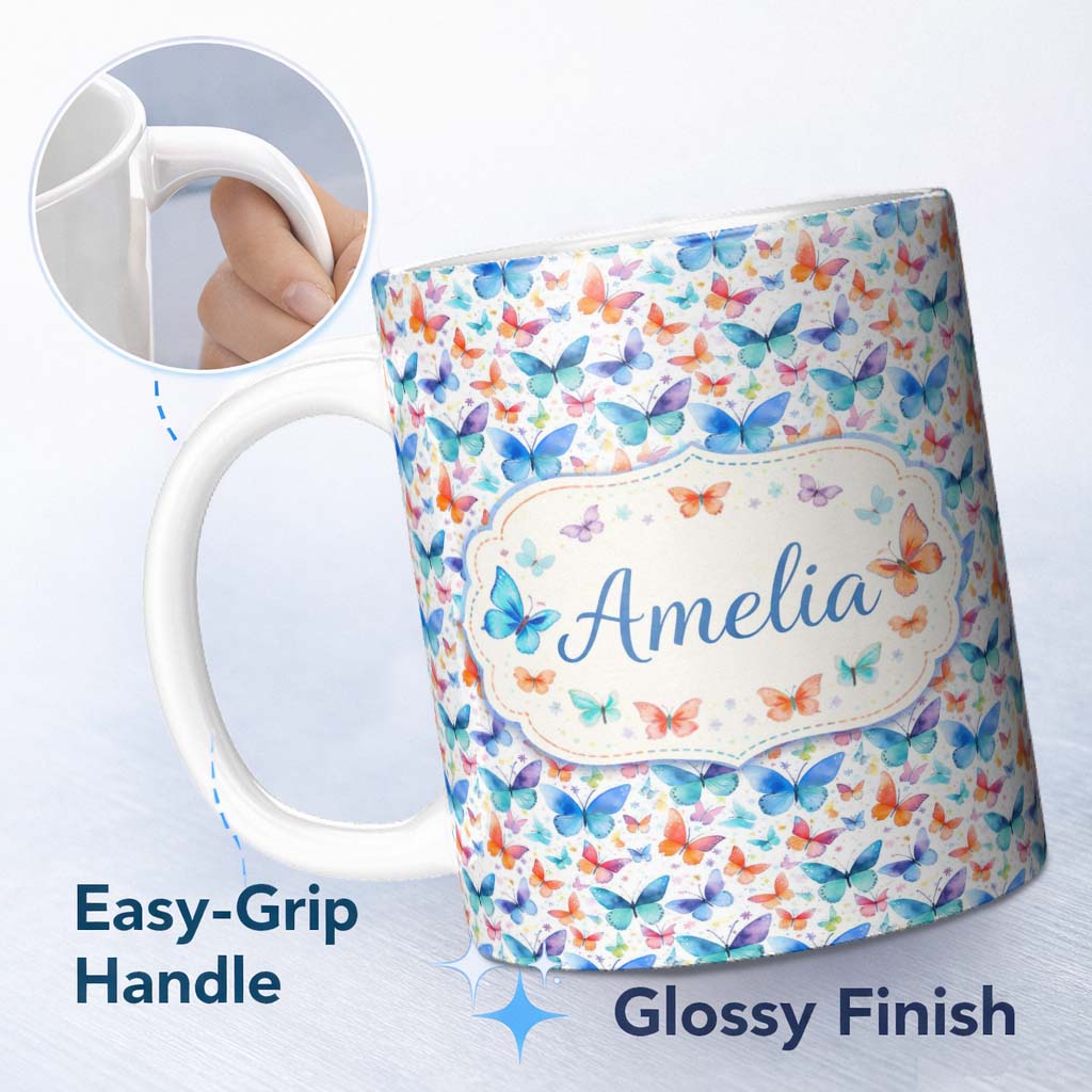 Personalized Custom Name Bright Rainbow Butterflies with Colorful Floral Accents Seamless 11oz Ceramic Coffee Tea Mug White Large Handle