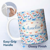 Personalized Custom Name Bright Rainbow Butterflies with Colorful Floral Accents Seamless 11oz Ceramic Coffee Tea Mug White Large Handle