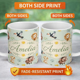 Custom Name Cute Safari Animals Lion Meerkat Toucan and Warthog with Sun and 11oz Ceramic Coffee Tea Mug White Large Handle