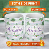 Personalized Custom Name Pastel Christmas Tree Snowflake Winter Landscape Seamless Pattern 11oz Ceramic Coffee Tea Mug White Large Handle