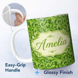 Personalized Custom Name Deep Green Baroque Ornamental Scroll Seamless Pattern Lovely 11oz Ceramic Coffee Tea Mug White Large Handle