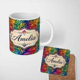 Personalized Custom Name Rainbow Abstract Leaf Swirl Seamless Pattern Thoughtful Gift Idea 11oz Ceramic Coffee Tea Mug White Large Handle