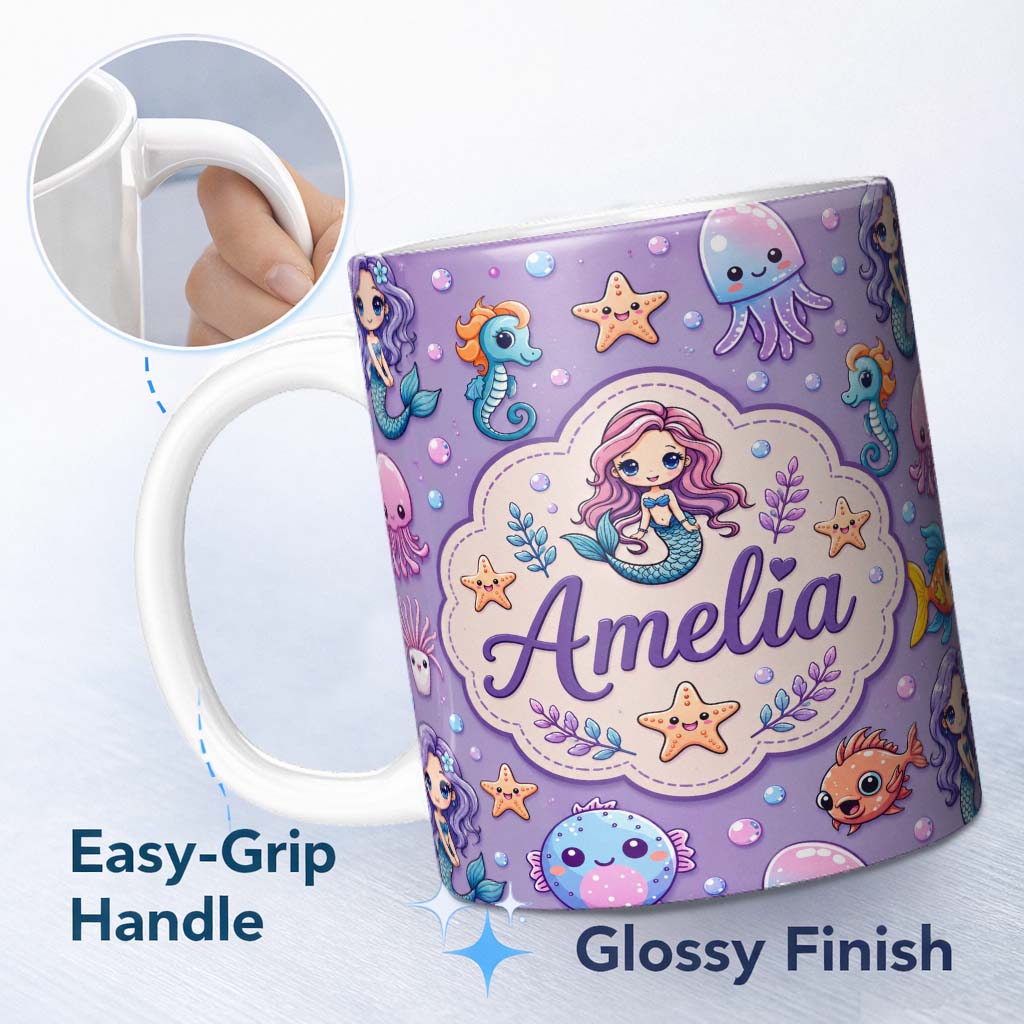 Personalized Custom Name Cute Cartoon Mermaid with Sea Creatures on Purple Background Playful 11oz Ceramic Coffee Tea Mug White Large Handle