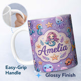 Personalized Custom Name Cute Cartoon Mermaid with Sea Creatures on Purple Background Playful 11oz Ceramic Coffee Tea Mug White Large Handle