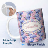 Personalized Custom Name Bold Pink and Blue Hydrangea Blossom Seamless Pattern Lovely 11oz Ceramic Coffee Tea Mug White Large Handle