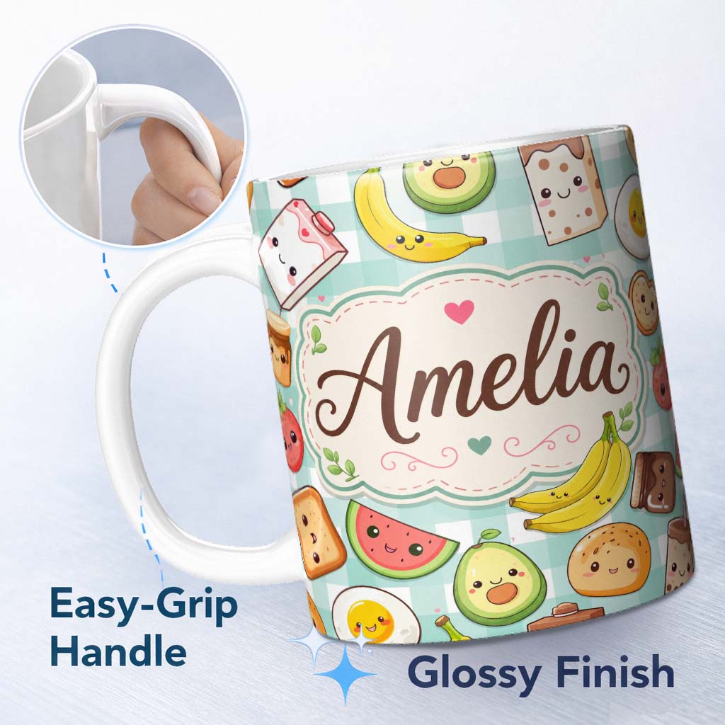 Personalized Custom Name Cute Kawaii Breakfast Food Seamless Pattern Teal Gingham Background 11oz Ceramic Coffee Tea Mug White Large Handle
