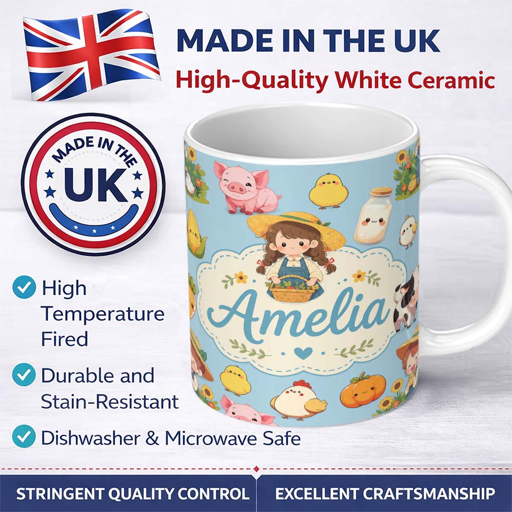 Personalized Custom Name Cute Farm Animals Girl Pig Cow Chicken Blue Background Seamless 11oz Ceramic Coffee Tea Mug White Large Handle