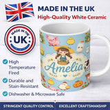 Personalized Custom Name Cute Farm Animals Girl Pig Cow Chicken Blue Background Seamless 11oz Ceramic Coffee Tea Mug White Large Handle