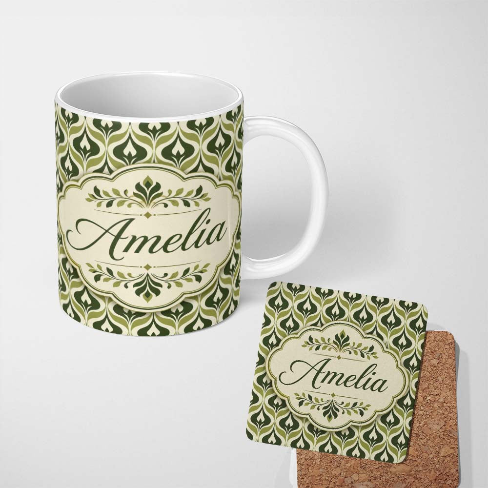 Personalized Custom Name Green Abstract Damask on Cream Background Mid Century Style Lovely 11oz Ceramic Coffee Tea Mug White Large Handle